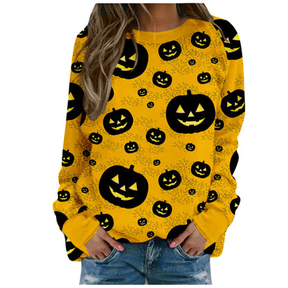 Halloween Pumpkin Head Bat Funny Sweater Women's Round Neck Pullover Print Long Sleeve