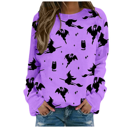 Halloween Pumpkin Head Bat Funny Sweater Women's Round Neck Pullover Print Long Sleeve