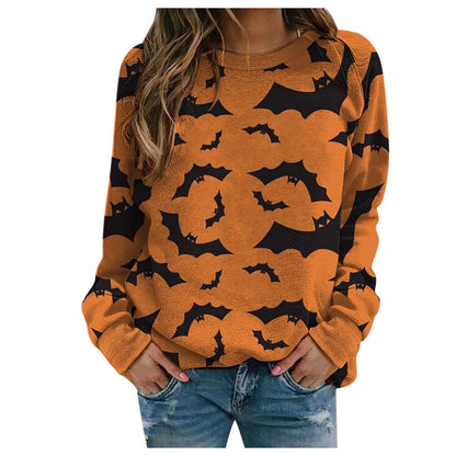 Halloween Pumpkin Head Bat Funny Sweater Women's Round Neck Pullover Print Long Sleeve