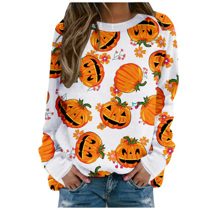 Halloween Pumpkin Head Bat Funny Sweater Women's Round Neck Pullover Print Long Sleeve