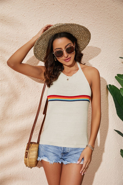 Women's Clothing Rainbow Color-blocking Halter Top Fashion Backless Knitted Lace-up Vest