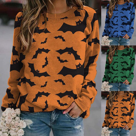 Halloween Pumpkin Head Bat Funny Sweater Women's Round Neck Pullover Print Long Sleeve