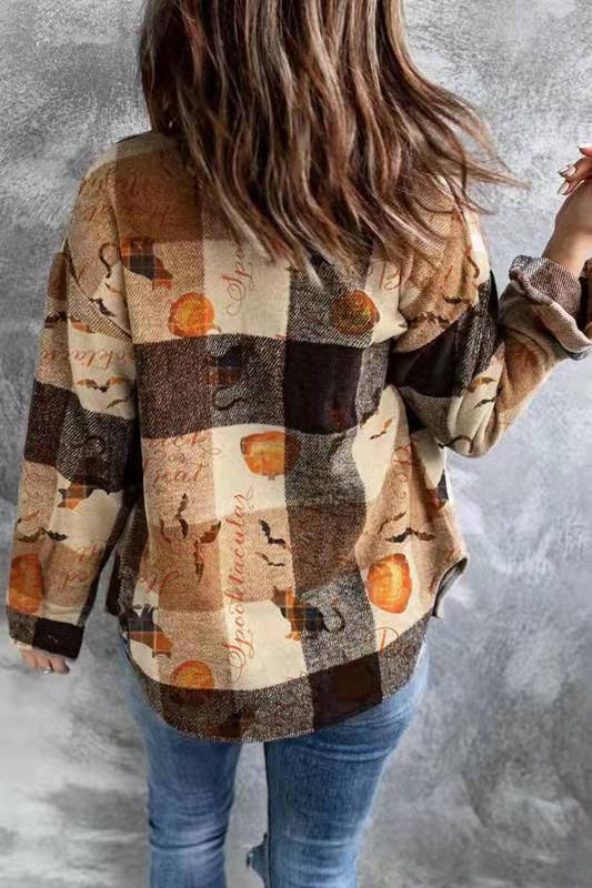 Halloween Check Print Long Sleeve Pocket Blouse