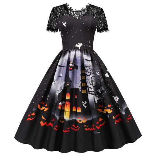 Halloween Party Lace Patchwork Positioning Print Short Sleeve Swing Dress