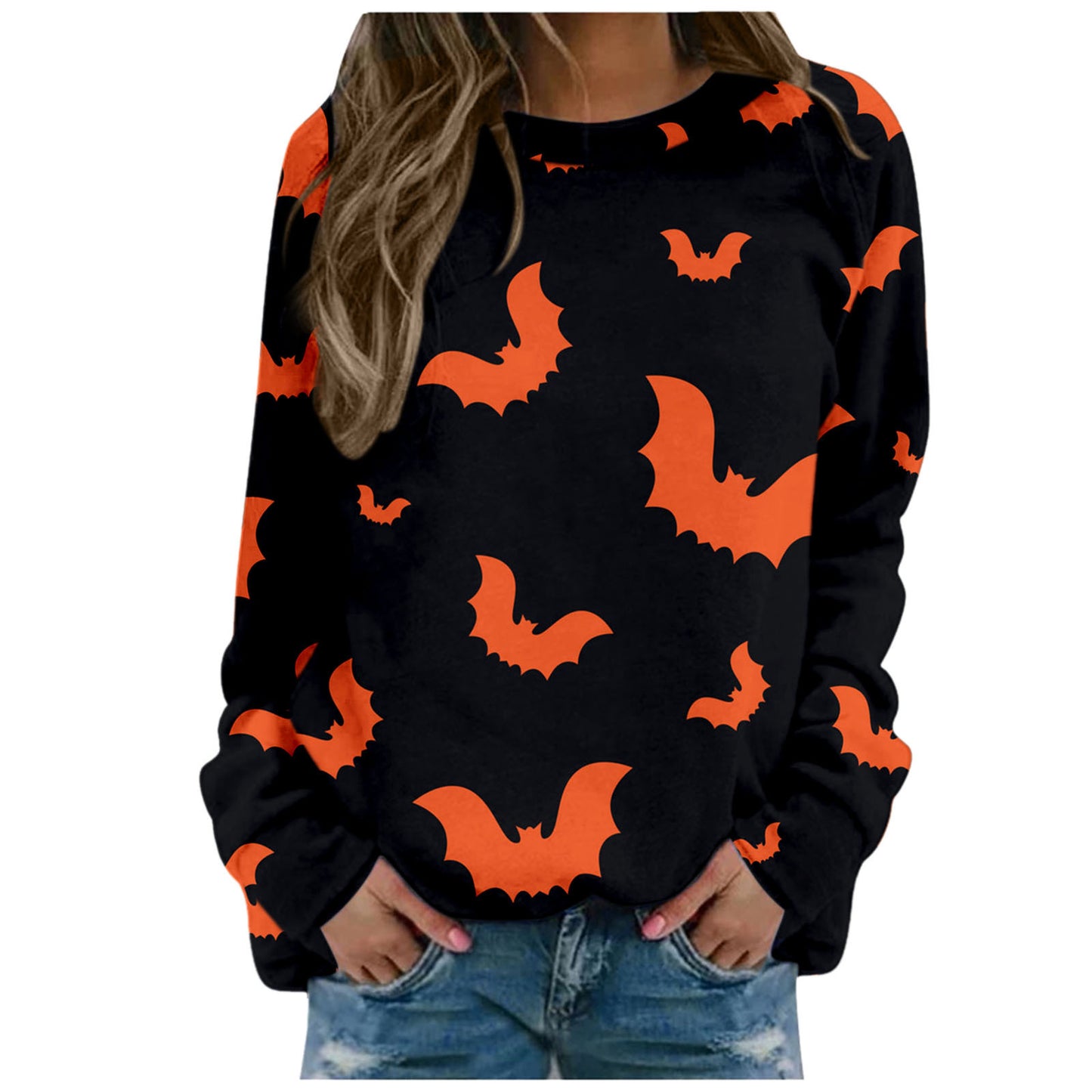 Halloween Pumpkin Head Bat Funny Sweater Women's Round Neck Pullover Print Long Sleeve