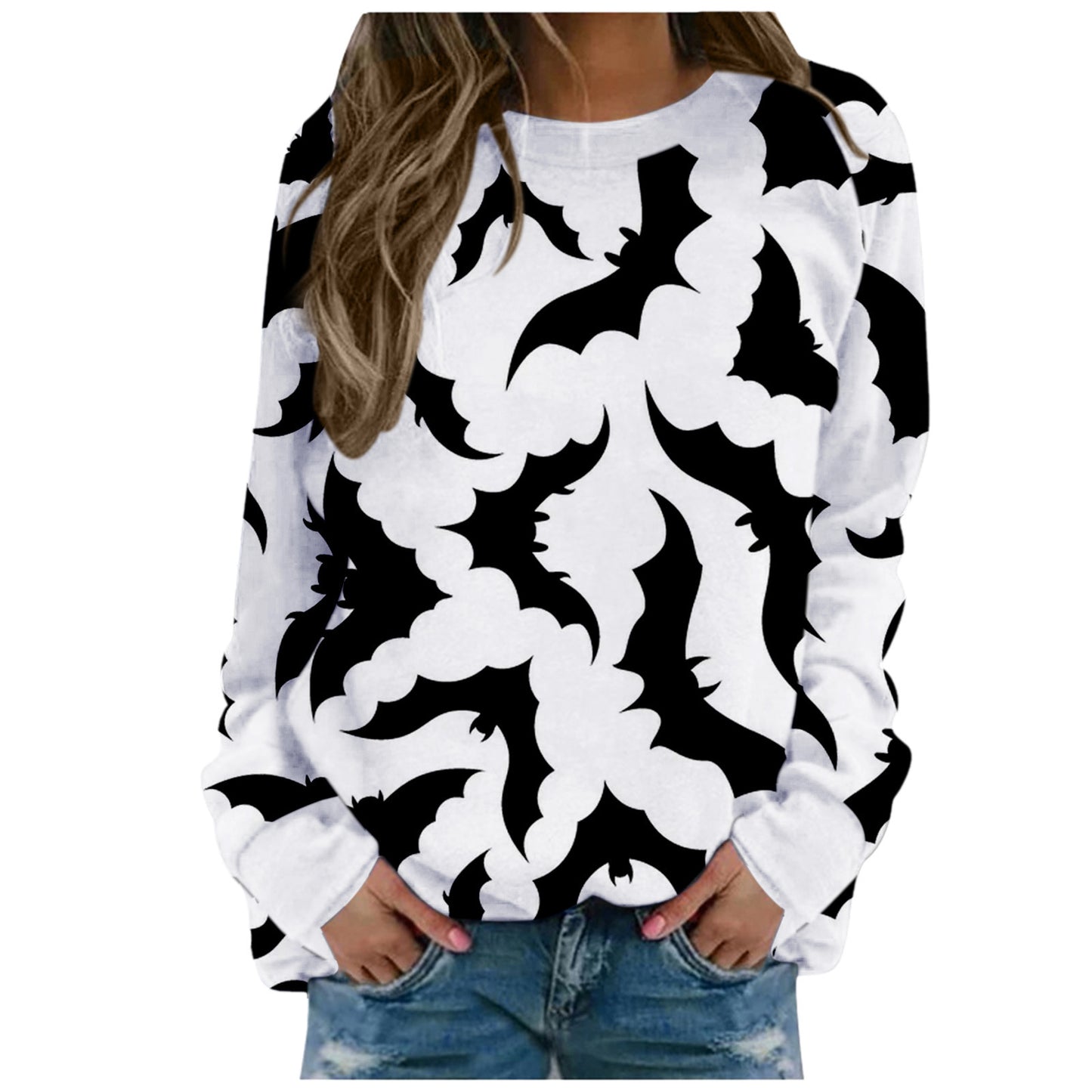 Halloween Pumpkin Head Bat Funny Sweater Women's Round Neck Pullover Print Long Sleeve