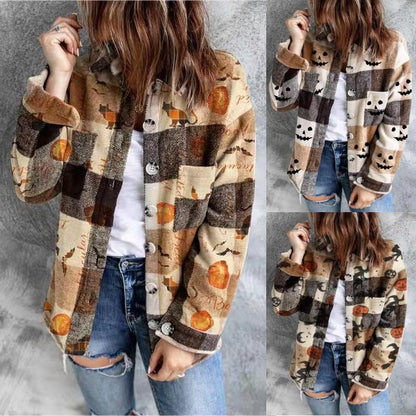 Halloween Check Print Long Sleeve Pocket Blouse