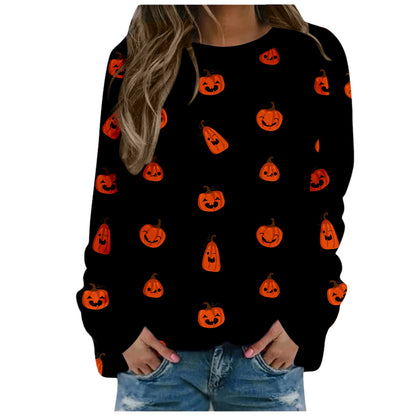 Halloween Pumpkin Head Bat Funny Sweater Women's Round Neck Pullover Print Long Sleeve