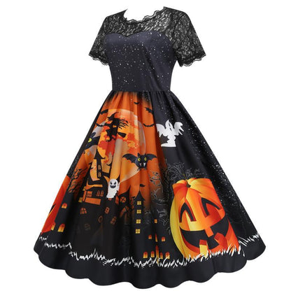 Halloween Party Lace Patchwork Positioning Print Short Sleeve Swing Dress