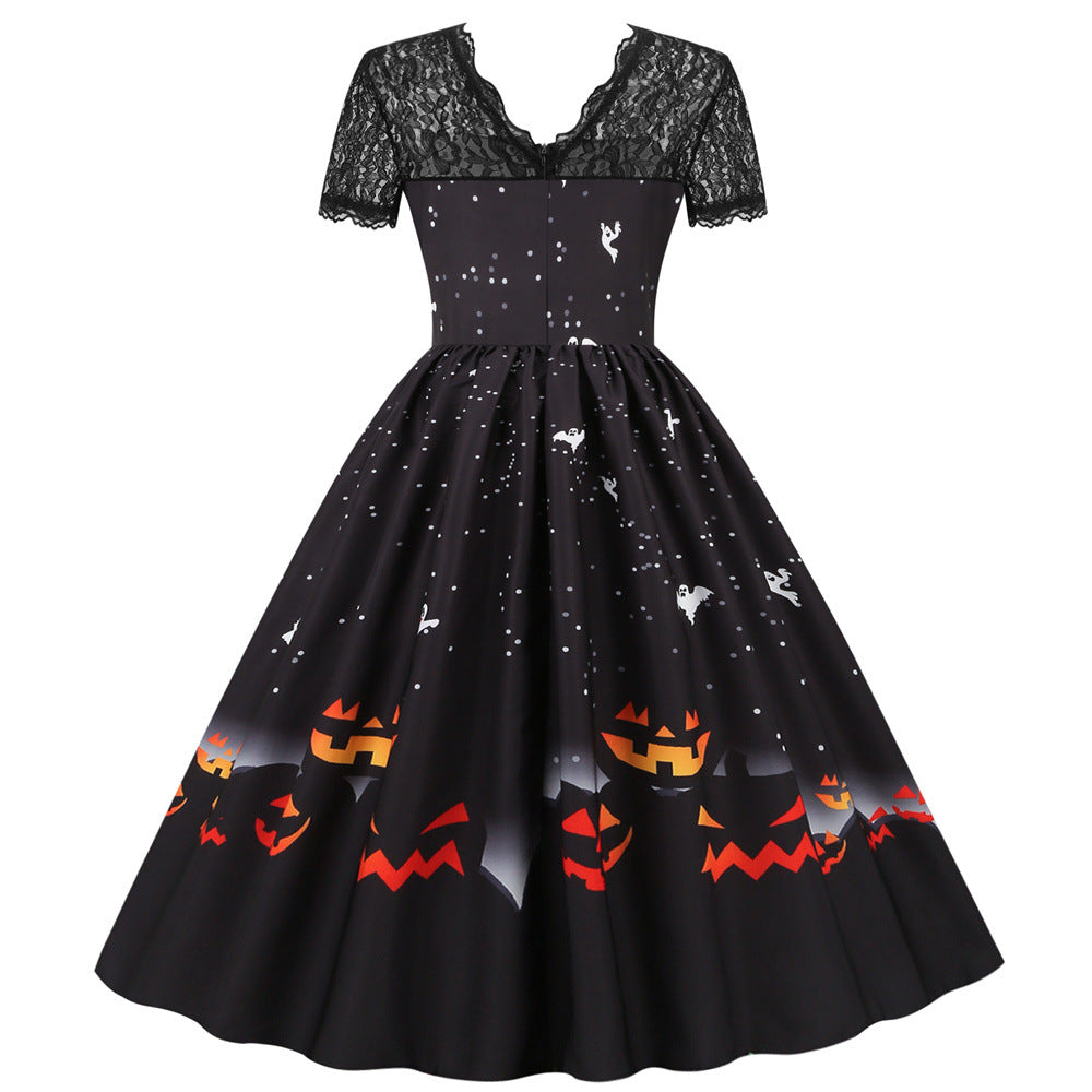 Halloween Party Lace Patchwork Positioning Print Short Sleeve Swing Dress